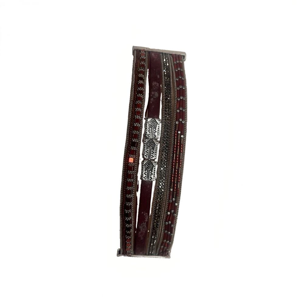 Italian Leather Bangle Cuff Bracelet Medallion Burgundy Inlay Handmade